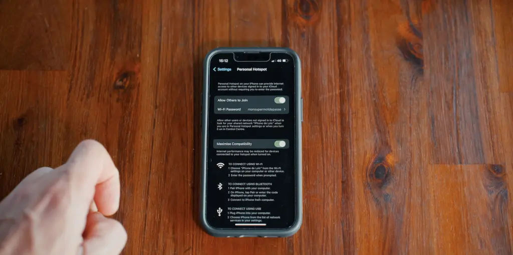 Paramétrage du partage de connexion sur l'iPhone