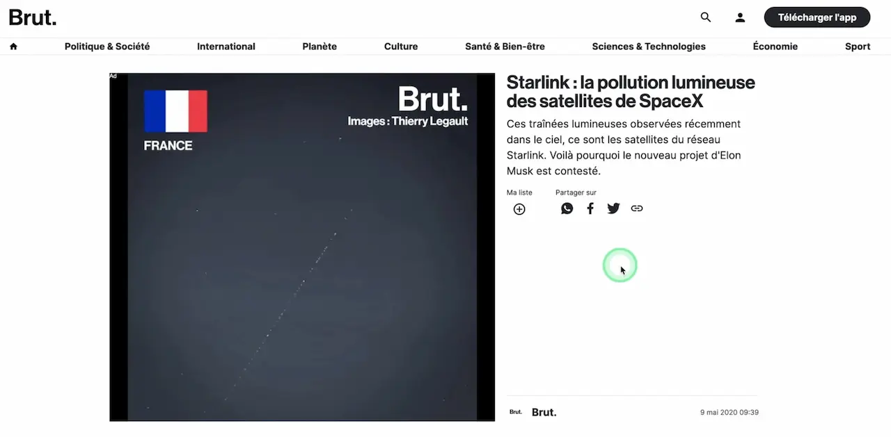 Aperçu d'un article de BRUT sur Starlink et la pollution lumineuse